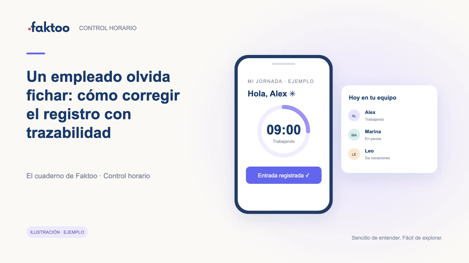Interfaz ilustrativa de Control horario para la guía: Un empleado olvida fichar: cómo corregir el registro con trazabilidad
