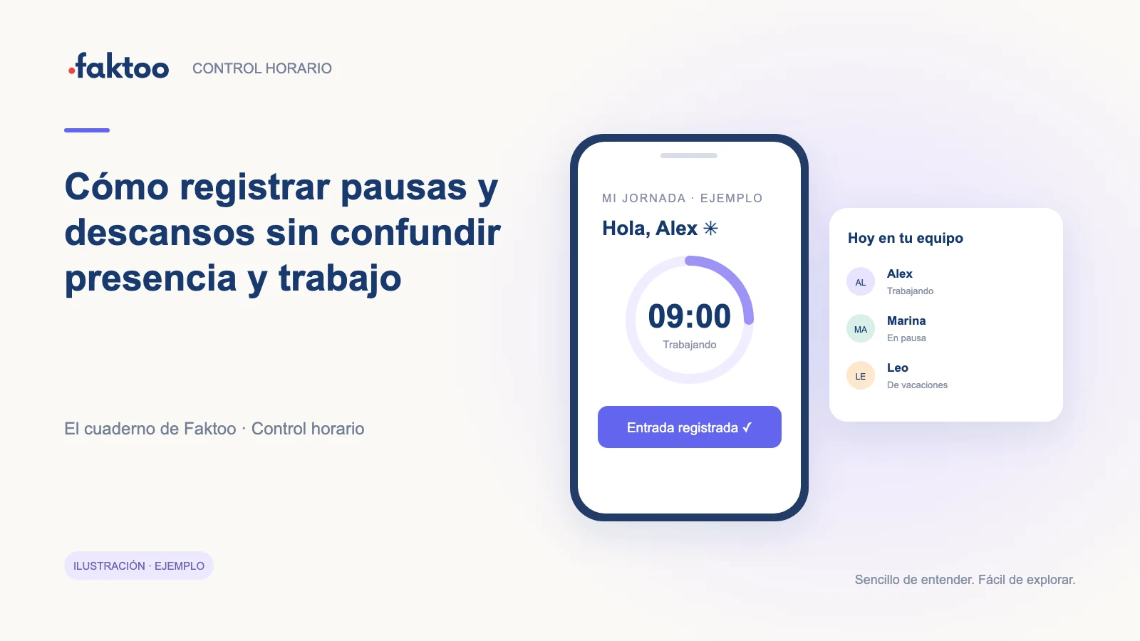 Interfaz ilustrativa de Control horario para la guía: Cómo registrar pausas y descansos sin confundir presencia y trabajo