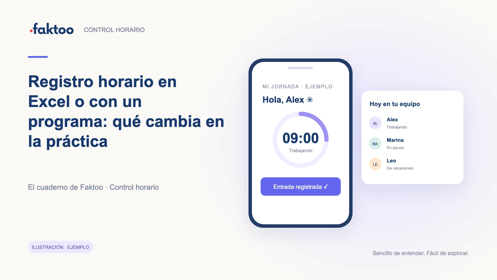 Interfaz ilustrativa de Control horario para la guía: Registro horario en Excel o con un programa: qué cambia en la práctica