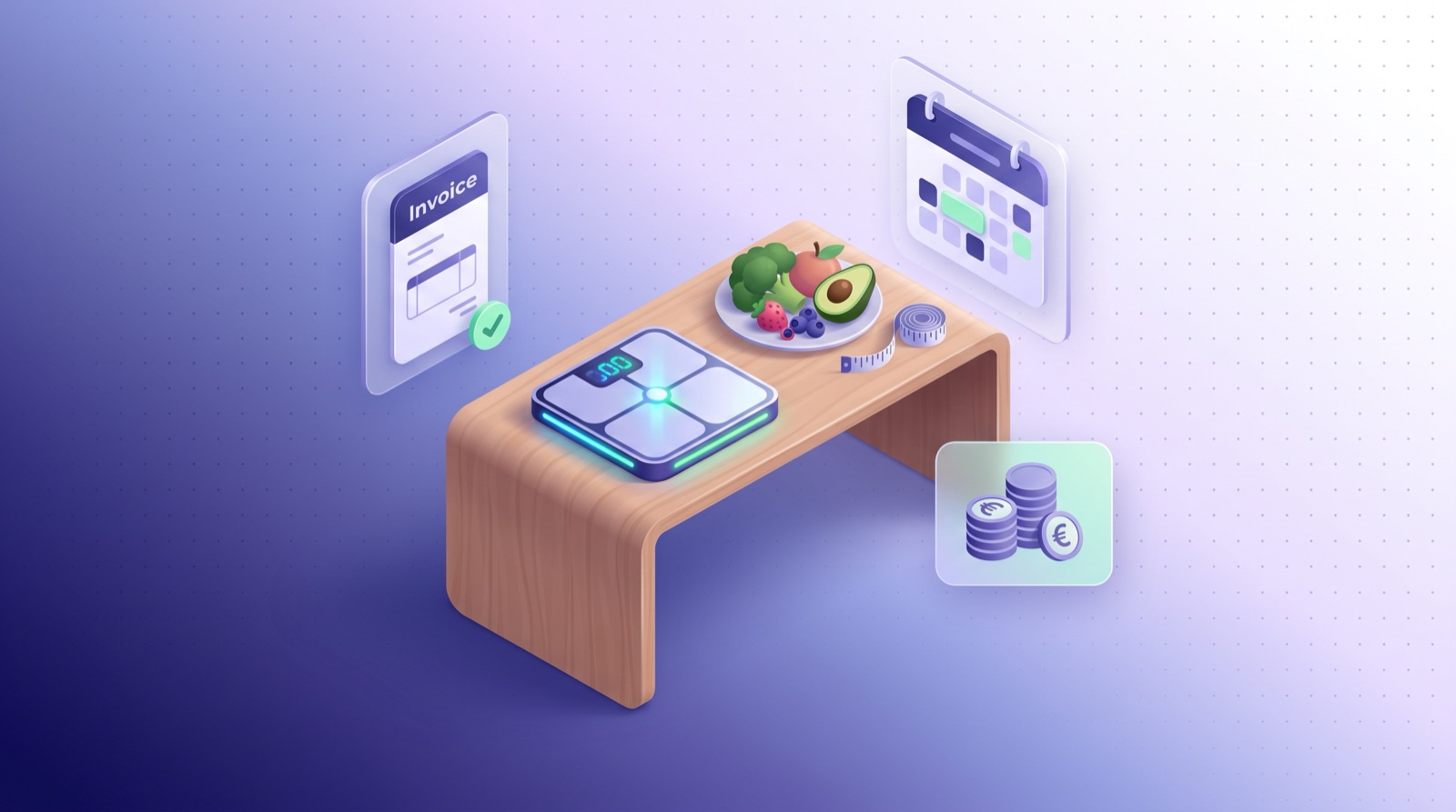 Consulta de nutrición con báscula, plato saludable, una factura verificada y agenda
