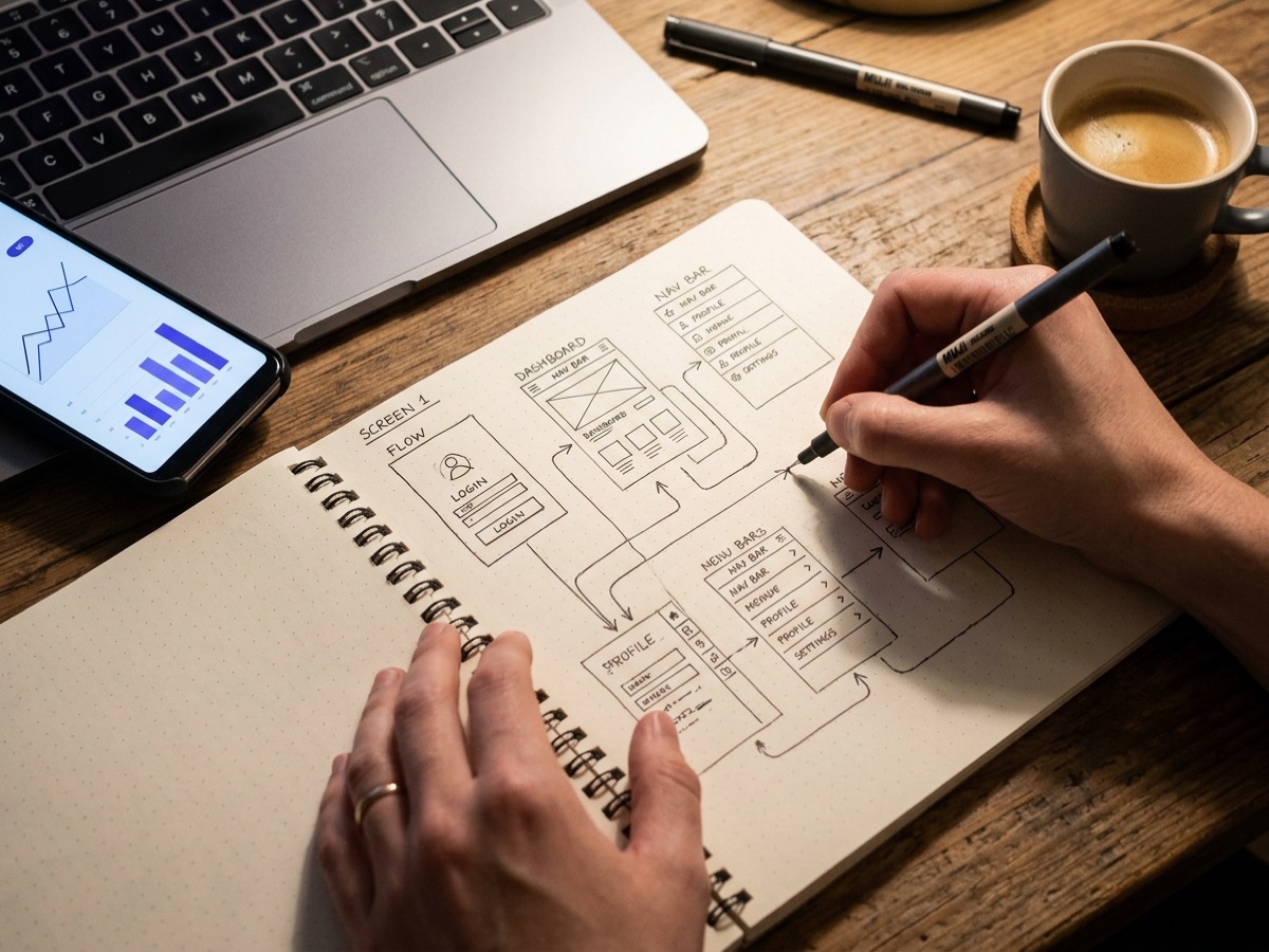 Manos bocetando los wireframes de la aplicación en un cuaderno, junto a un portátil