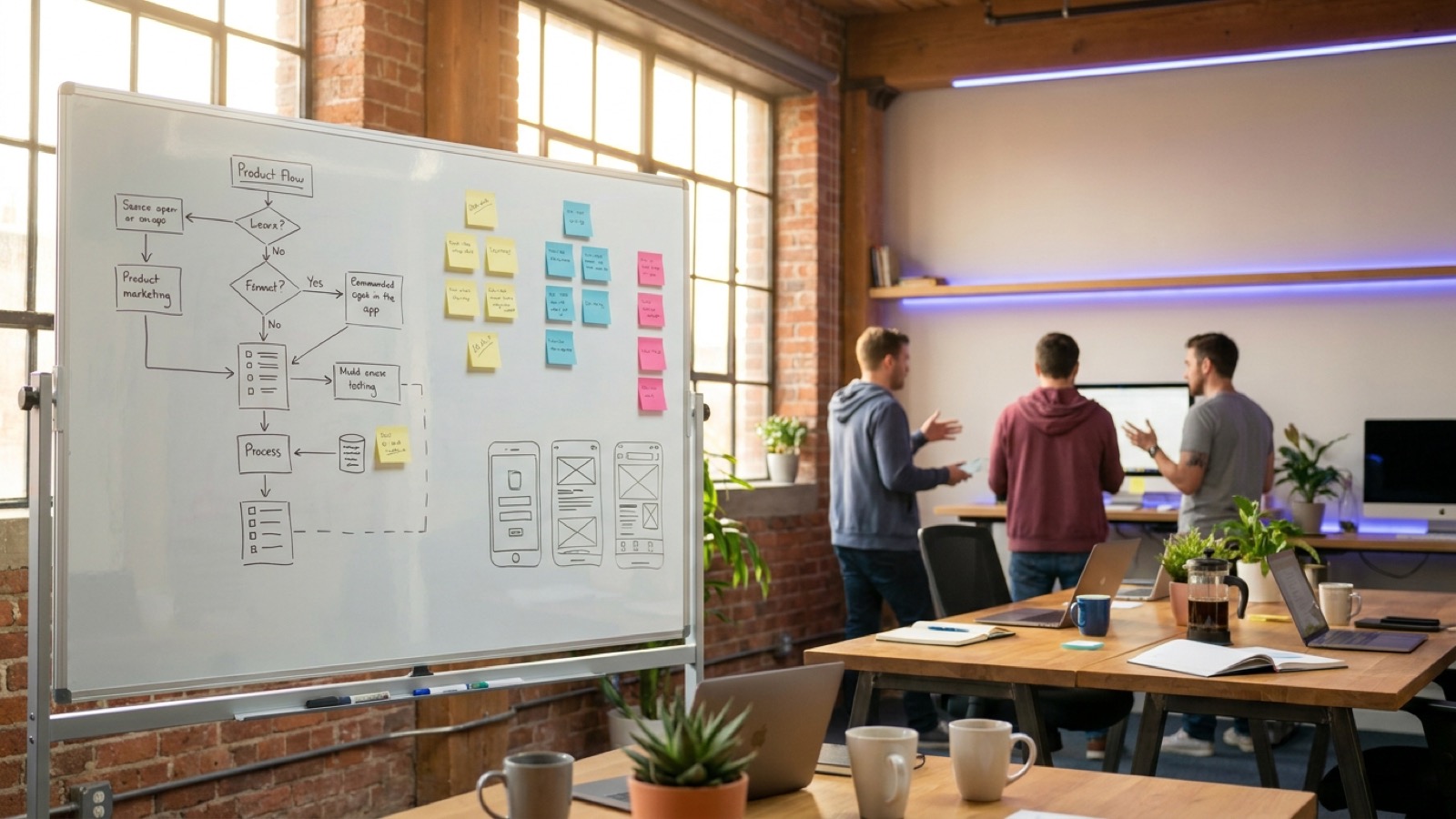 Equipo de faktoo trabajando en una pizarra con diagramas de producto en una oficina luminosa