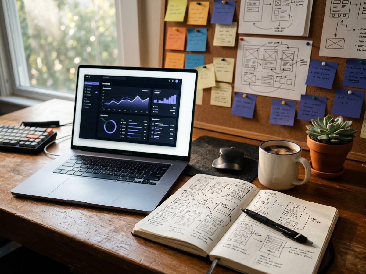 Escritorio con un portátil mostrando un panel de cuentas, un cuaderno con bocetos de la app y notas adhesivas